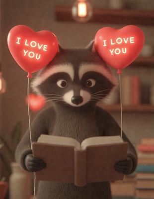 The primary subject of the image is a stuffed animal, specifically a raccoon, holding a book. The setting is a room with a bookshelf in the background. The visual style is a combination of photo and digital art, creating a unique and creative scene. The colors and mood are predominantly warm and inviting, with the raccoon and the book being the main focus of the image.