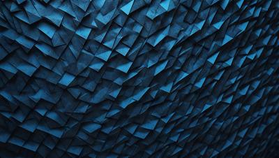 The primary subject of the image is a blue wall with a pattern of triangles. The setting is a room with a blue background, and the visual style appears to be a digital art or illustration. The dominant colors are blue and white, creating a calm and soothing atmosphere.