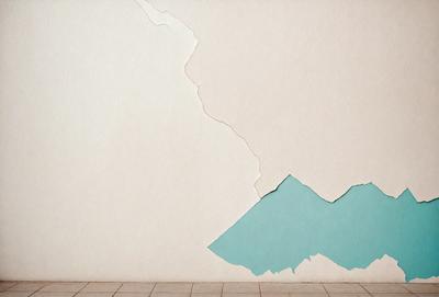 The primary subject of the image is a large, blue, and white mountain. The mountain is depicted as a painting or drawing on a white wall, giving it a unique and artistic appearance. The setting is a plain white wall, which serves as the background for the mountain painting. The visual style of the image is a combination of painting and drawing, creating a distinctive and eye-catching scene. The colors and mood of the image are predominantly blue and white, giving it a calm and serene atmosphere.