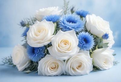 The primary subject of the image is a bouquet of white and blue flowers. The bouquet is placed on a blue surface, which adds a vibrant and contrasting background to the scene. The visual style of the image is a close-up of the flowers, showcasing their details and beauty. The colors and mood of the image are predominantly white and blue, creating a serene and calming atmosphere.