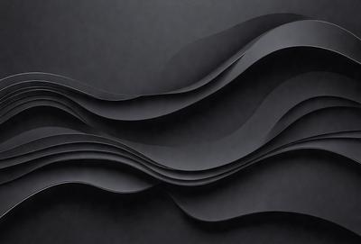 The primary subject of the image is a large, black, curved sculpture or artwork. The setting is a dark room, and the visual style appears to be a combination of digital art and illustration. The dominant colors are black and grey, creating a moody and dramatic atmosphere.