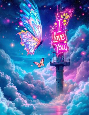 The primary subject of the image is a butterfly flying in the sky. The setting is a cloudy sky, and the visual style is digital art. The dominant colors are pink and purple, creating a warm and romantic atmosphere.