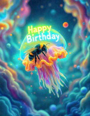 The primary subject of the image is a bee sitting on top of a colorful, swirling, and vibrant jellyfish. The setting is a space-like environment, with a backdrop of a colorful, swirling, and vibrant background. The visual style is digital art, illustration, or drawing, with a focus on the bee and the jellyfish. The colors and mood of the image are lively, energetic, and full of life, with a sense of fun