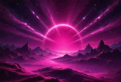 The primary subject of the image is a pink planet with a red sun in the background. The setting is a purple sky, and the visual style appears to be a digital art or illustration. The dominant colors in the image are pink and purple, creating a warm and vibrant atmosphere.