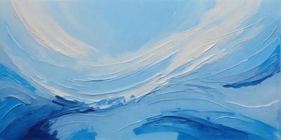 The primary subject of the image is a painting of a wave, featuring a blue and white color scheme. The setting is a blue sky, and the visual style appears to be a digital art or illustration. The painting conveys a sense of movement and energy, as it captures the dynamic nature of the ocean waves.