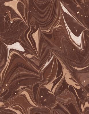 The primary subject of the image is a close-up of a chocolate-covered surface, possibly a cake or a piece of chocolate art. The setting is a kitchen or a dining area, as the chocolate is displayed on a table. The visual style is a close-up, which emphasizes the details of the chocolate. The colors and mood are predominantly brown, which is associated with chocolate and warmth.