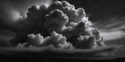 The primary subject of the image is a large, dark, and cloudy sky. The setting is a cloudy day, and the visual style appears to be a photo. The sky is filled with dark clouds, creating a moody atmosphere. The colors in the image are predominantly dark shades, such as black, gray, and brown, which contribute to the overall mood of the scene.