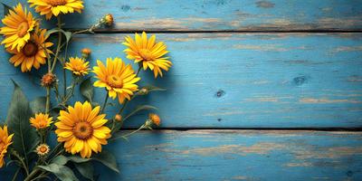 The primary subject of the image is a bouquet of yellow flowers, which are placed on a blue wooden surface. The setting appears to be a wooden table or a similar surface. The visual style of the image is a close-up of the flowers, showcasing their vibrant colors and details. The overall atmosphere of the image is warm and inviting, with the bright yellow flowers adding a touch of sunshine and freshness to the scene.