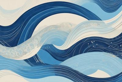 The primary subject of the image is a blue and white ocean wave. The setting is a blue ocean, and the visual style is a painting or drawing. The dominant colors are blue and white, creating a serene and calming atmosphere.