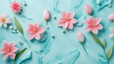 The primary subject of the image is a bouquet of pink flowers, which are the main objects in the scene. The flowers are placed on a blue surface, which serves as the background. The visual style of the image is a painting, with the flowers and the blue surface creating a vibrant and lively atmosphere. The dominant colors in the image are pink and blue, which contribute to the overall mood of the painting.
