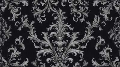 The primary subject of the image is a black and white patterned wallpaper featuring a decorative design with a floral motif. The setting is a room with a black background, which emphasizes the intricate details of the wallpaper. The visual style is a combination of a photo and a digital art, as it captures the beauty of the wallpaper design. The colors and mood of the image are predominantly black and white, creating a classic and elegant atmosphere.