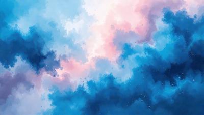 The primary subject of the image is a beautiful, colorful cloudy sky. The setting is a blue background, which adds to the overall atmosphere. The visual style is a combination of digital art and illustration, creating a vibrant and lively scene. The colors and mood of the image are predominantly blue and pink, giving it a serene and calming appearance.
