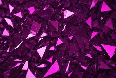 The primary subject of the image is a large pile of purple glass shards. The setting is a dark background, which contrasts with the vibrant purple color of the glass. The visual style is a close-up of the glass shards, showcasing their unique shapes and textures. The colors and mood of the image are predominantly purple, creating a sense of depth and intrigue.