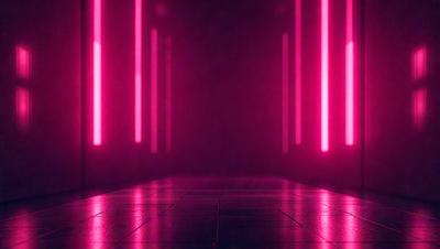 The primary subject of the image is a long hallway with a pink glow. The setting is a dark room with a red glow, creating a contrasting atmosphere. The visual style appears to be a digital art or illustration, as the hallway is depicted with a pink and red color scheme. The colors and mood of the image evoke a sense of mystery and intrigue.