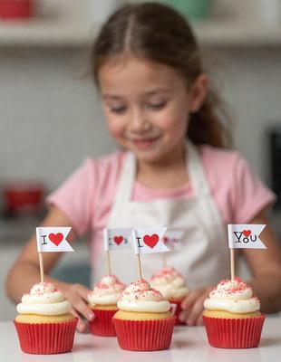 The primary subject of the image is a young girl holding a cupcake with a heart on it. She is wearing an apron, indicating that she might be in a kitchen or baking environment. The setting is a kitchen, with a refrigerator visible in the background. The visual style is a photo, capturing the girl's interaction with the cupcake. The colors and mood of the image are warm and cheerful, with the heart-shaped cupcake adding a touch of playfulness and