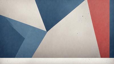 The primary subject of the image is a large, white wall with a blue and red pattern. The setting is a room with a cement wall, and the visual style appears to be a combination of digital art and illustration. The dominant colors are blue and red, creating a vibrant and lively atmosphere.