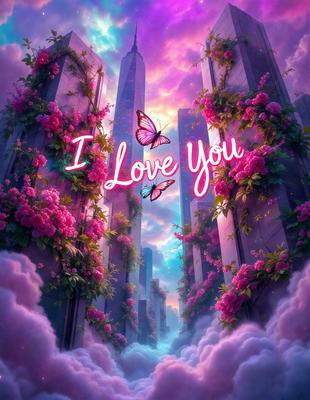 The primary subject of the image is a heart-shaped sign with the words "I Love You" written on it. The setting is a beautiful, colorful, and whimsical environment, featuring a sky background and a cloudy sky. The visual style is a digital art or illustration, creating a vibrant and lively atmosphere. The colors and mood are predominantly pink and purple, conveying a sense of love, warmth, and happiness.