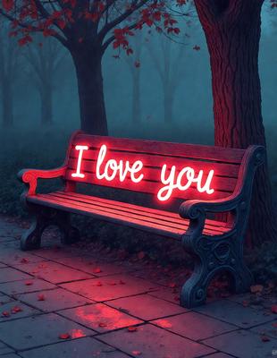The primary subject of the image is a red neon sign that reads "I Love You." The sign is placed on a wooden bench, which is situated in a park. The setting is a park with trees in the background. The visual style of the image is digital art, as it appears to be a computer-generated or digitally edited image. The dominant colors in the image are red and orange, creating a warm and affectionate atmosphere.