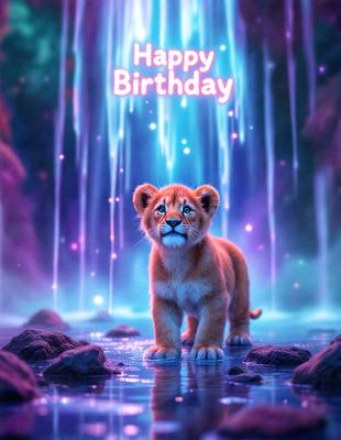 The image features a lion cub standing in a body of water, possibly a river or a waterfall. The lion cub is the primary subject of the image, and it appears to be looking at the camera. The setting is a natural environment, with the lion cub surrounded by water and rocks. The visual style of the image is a combination of photo and digital art, creating a unique and captivating scene. The colors and mood of the image are predominantly purple, giving it a serene and magical atmosphere