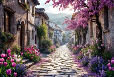 The primary subject of the image is a narrow, cobblestone street lined with purple flowers and pink flowers. The setting is a quaint, old-world village with stone buildings and a mountain in the background. The visual style is a photo, capturing the beauty of the flowers and the charming atmosphere of the village. The colors and mood of the image are predominantly purple and pink, creating a serene and picturesque scene.