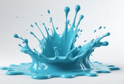 The primary subject of the image is a blue liquid, possibly water or paint, splashing and spraying onto a white surface. The setting appears to be a studio or a controlled environment, as the liquid is being intentionally sprayed. The visual style of the image is a combination of photo and digital art, as it captures the motion and color of the liquid while maintaining a clean and organized appearance. The dominant colors in the image are blue and white, creating a sense of calm and tranquility.