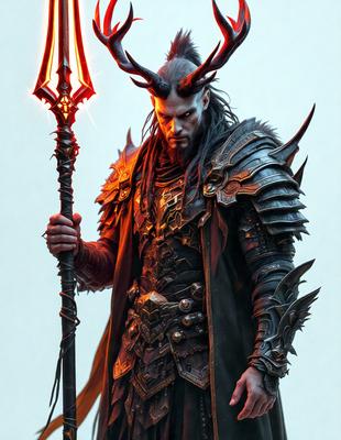 The primary subject of the image is a man dressed in a costume, wearing a horned headpiece and holding a large red and gold staff. The setting appears to be a dark, possibly fantasy-themed environment. The visual style of the image is digital art, as it is a detailed and intricate illustration. The colors and mood of the image are dark and dramatic, with the man's costume and the red and gold staff adding a sense of intensity and power to the scene.