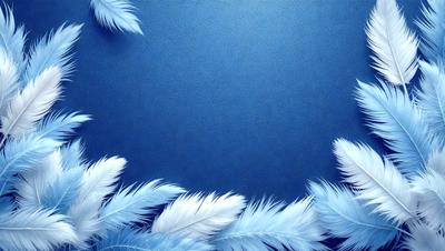 The primary subject of the image is a blue background with white feathers or plumes. The setting appears to be a studio or a controlled environment, as the feathers are arranged in a visually appealing manner. The visual style of the image is a combination of digital art and illustration, creating a unique and artistic composition. The dominant colors in the image are blue and white, giving it a calm and serene atmosphere.