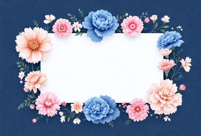 The primary subject of the image is a white frame with a blue background, featuring a beautiful floral arrangement. The setting is a blue background, and the visual style is a combination of digital art and illustration. The dominant colors are blue and pink, creating a calm and serene atmosphere.