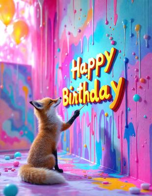 The primary subject of the image is a fox, which is sitting in front of a colorful wall. The setting appears to be a creative and artistic environment, possibly a painting studio. The visual style of the image is a combination of photo and digital art, as it captures the fox in a realistic setting while also showcasing the vibrant colors and patterns on the wall. The colors and mood of the image are lively and energetic, with the bright colors and patterns on the wall creating a