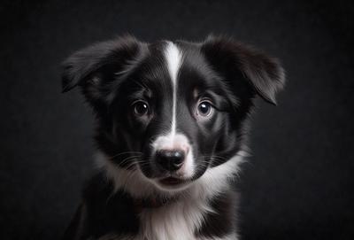 The primary subject of the image is a black and white dog with a white spot on its face. The dog is sitting in front of a dark background, which creates a striking contrast between the dog and its surroundings. The visual style of the image is a close-up of the dog's face, emphasizing its features and expression. The colors and mood of the image are predominantly black and white, giving it a classic and timeless feel.
