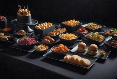 The image features a table filled with a variety of foods, including sandwiches, chips, and other snacks. The table is set with multiple black trays, each containing different types of food. The food is arranged in an appetizing manner, with some trays placed closer to the front of the table and others towards the back. The overall atmosphere of the image is inviting and enticing, with the diverse selection of foods catering to different tastes and preferences.
