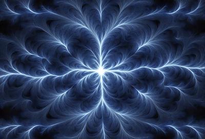 The primary subject of the image is a blue and white light pattern, which appears to be a digital art or illustration. The setting is a dark background, and the visual style is a combination of digital art and light patterns. The colors and mood of the image are predominantly blue and white, creating a sense of depth and intricacy.