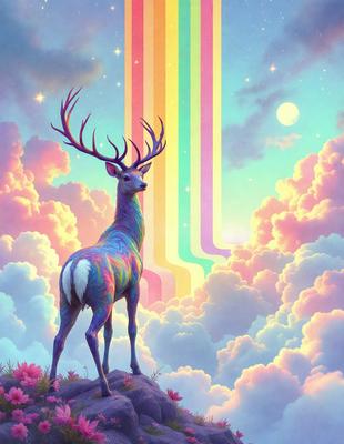 Primary subject: A deer with antlers standing on a rock.

Setting/background: The deer is standing on a rock in a colorful, cloudy sky.

Visual style: The image is a digital art or illustration.

Colors and mood: The image is vibrant and colorful, with a lively and cheerful atmosphere.