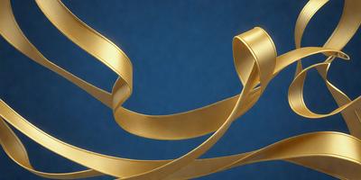 The primary subject of the image is a gold ribbon. The ribbon is wound around itself, creating a spiral pattern. The setting is a blue background, which provides a contrasting color to the gold ribbon. The visual style of the image is a close-up of the gold ribbon, showcasing its texture and pattern. The colors and mood of the image are predominantly gold and blue, giving it a warm and serene atmosphere.