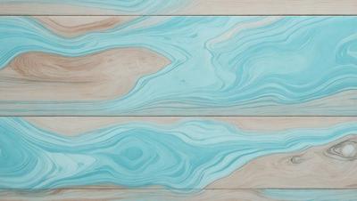 The primary subject of the image is a wooden wall with a blue and white marbled pattern. The setting is a room with a wooden floor. The visual style is a combination of a photo and a digital art, creating a unique and intricate design. The dominant colors are blue and white, giving the wall a calming and sophisticated appearance.