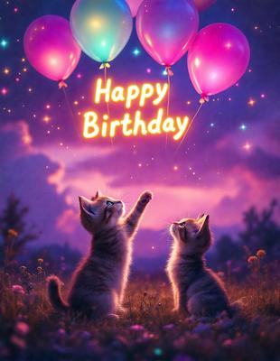 The primary subject of the image is two cats, one of which is holding onto a balloon. The setting is a field with flowers, and the visual style is a digital art illustration. The colors and mood of the image are vibrant and cheerful, with the cats and balloon creating a joyful atmosphere.
