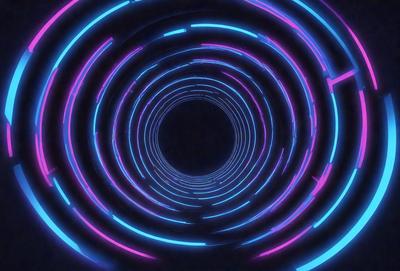 The primary subject of the image is a tunnel with a brightly lit, colorful interior. The tunnel appears to be a part of a futuristic cityscape, with a sense of depth and movement. The setting is a dark, futuristic environment, and the visual style is a combination of digital art and illustration. The colors and mood of the image are vibrant and energetic, with a strong focus on the tunnel's illumination and the overall atmosphere of the scene.