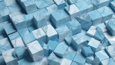The primary subject of the image is a large, intricate, and colorful marble pattern. The setting is a blue marble surface, which adds to the visual style. The image is a digital art or illustration, showcasing the artist's skill in creating a complex and visually appealing design. The dominant colors are blue and white, creating a serene and elegant atmosphere.