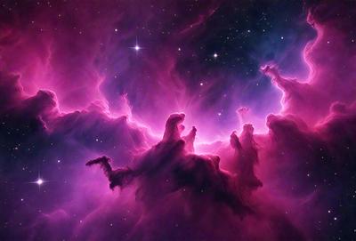 The primary subject of the image is a pink nebula, which is a cloud of gas and dust in space. The setting is a dark, starry sky, with the nebula being the main focus of the image. The visual style is a combination of a photo and digital art, creating a unique and captivating representation of the pink nebula. The colors and mood of the image are predominantly pink, which gives the scene a warm and serene atmosphere.