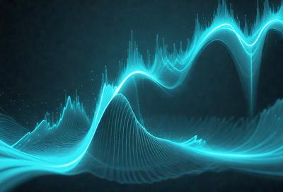 The primary subject of the image is a blue wave or sound wave, which is the main focus of the image. The setting is a dark background, which contrasts with the blue wave. The visual style is digital art, as the wave appears to be a digital representation. The colors and mood of the image are predominantly blue, creating a calm and serene atmosphere.