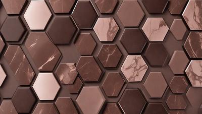 The primary subject of the image is a marble wall with a pattern of hexagonal shapes. The setting is a room with a brown color scheme. The visual style is a close-up of the marble wall, showcasing the intricate design. The colors and mood of the image are warm and inviting, with the marble wall serving as a focal point.