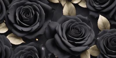 The primary subject of the image is a close-up of a black rose. The setting is a dark background, which contrasts with the black rose. The visual style is a photo, showcasing the details of the rose. The dominant colors are black and gold, creating a dramatic and elegant atmosphere.