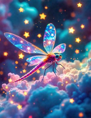 The primary subject of the image is a colorful dragonfly, which is the main object, scene, or focus of the image. The dragonfly is flying through a vibrant, colorful, and surreal environment, which is the setting or background of the image. The visual style of the image is digital art, as it is a digital illustration or drawing. The dominant colors and overall atmosphere of the image are bright, lively, and whimsical, with a mix of blue, purple, and pink