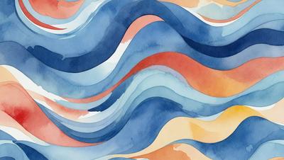 The primary subject of the image is a blue and white water wave. The setting is a water surface, and the visual style is a painting or drawing. The dominant colors are blue and white, creating a calm and serene atmosphere.