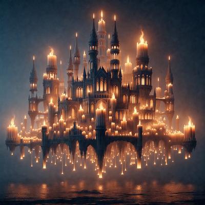 The primary subject of the image is a large, intricate castle with a moat. The setting is a dark, foggy night, creating a mysterious and dramatic atmosphere. The visual style is a digital art or illustration, showcasing the intricate details of the castle and its surroundings. The colors and mood are predominantly dark, with the castle and its surroundings being illuminated by the flickering lights of the candles, creating a sense of magic and enchantment.