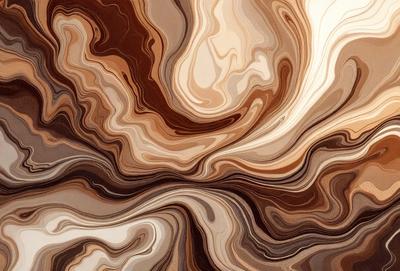 The image features a close-up of a brown and white marbled surface, possibly a piece of wood or a stone. The surface has a swirling pattern, giving it a unique and intricate appearance. The colors in the image are predominantly brown and white, creating a warm and earthy atmosphere. The visual style of the image is a close-up, allowing the viewer to appreciate the intricate details of the marbled surface.