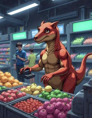 The primary subject of the image is a large, anthropomorphic red dinosaur standing behind a fruit stand. The dinosaur is wearing a tank top and appears to be selling fruit to customers. The setting is a grocery store, with a variety of fruits displayed on the stand, including apples, oranges, and bananas. The visual style is a combination of digital art and illustration, creating a unique and engaging scene. The colors and mood of the image are vibrant and lively