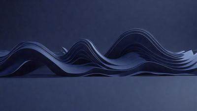 The primary subject of the image is a large, blue, curved structure that resembles a wave. The setting is a dark, blue background, which contrasts with the bright blue of the structure. The visual style is a combination of digital art and illustration, creating a unique and eye-catching design. The colors and mood of the image are predominantly blue, giving it a calm and serene atmosphere.
