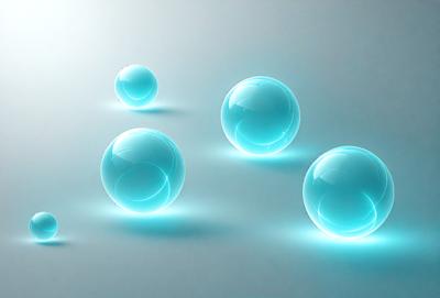 The primary subject of the image is a group of three blue, round, and shiny objects, which appear to be floating in the air. The objects are positioned in a row, with one on the left, one in the middle, and one on the right. The setting is a white background, which provides a clean and minimalist appearance to the scene. The visual style of the image is a combination of photo and digital art, creating a unique and eye-catching effect. The colors and mood of the image are predomin