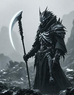 The primary subject of the image is a skeleton warrior, dressed in a black robe and holding a large, ornate sword. The setting is a dark, rocky landscape, with a mountainous background. The visual style is a combination of digital art and illustration, creating a dramatic and eerie atmosphere. The dominant colors are black, gray, and white, with the skeleton warrior being the focal point of the scene.